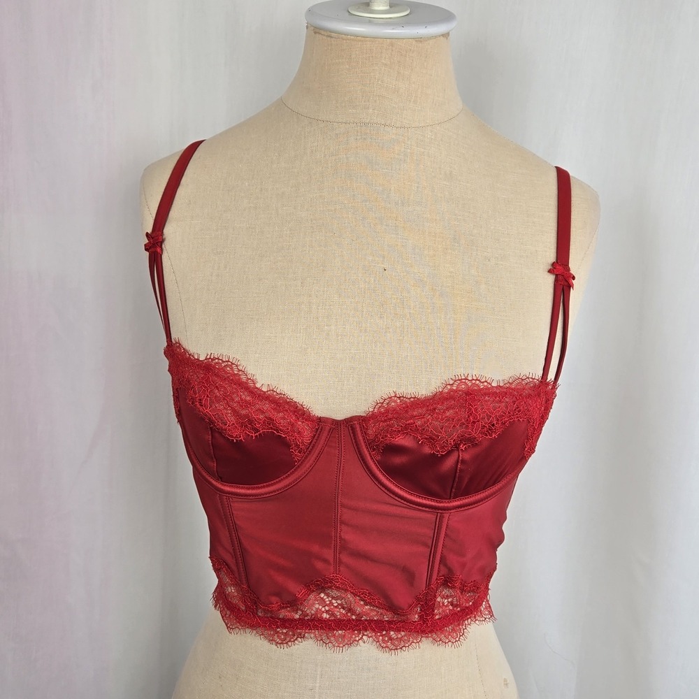 Dream Angels Long Line Balconette Bra Red Satin Size 32B Corset Lingerie Lace